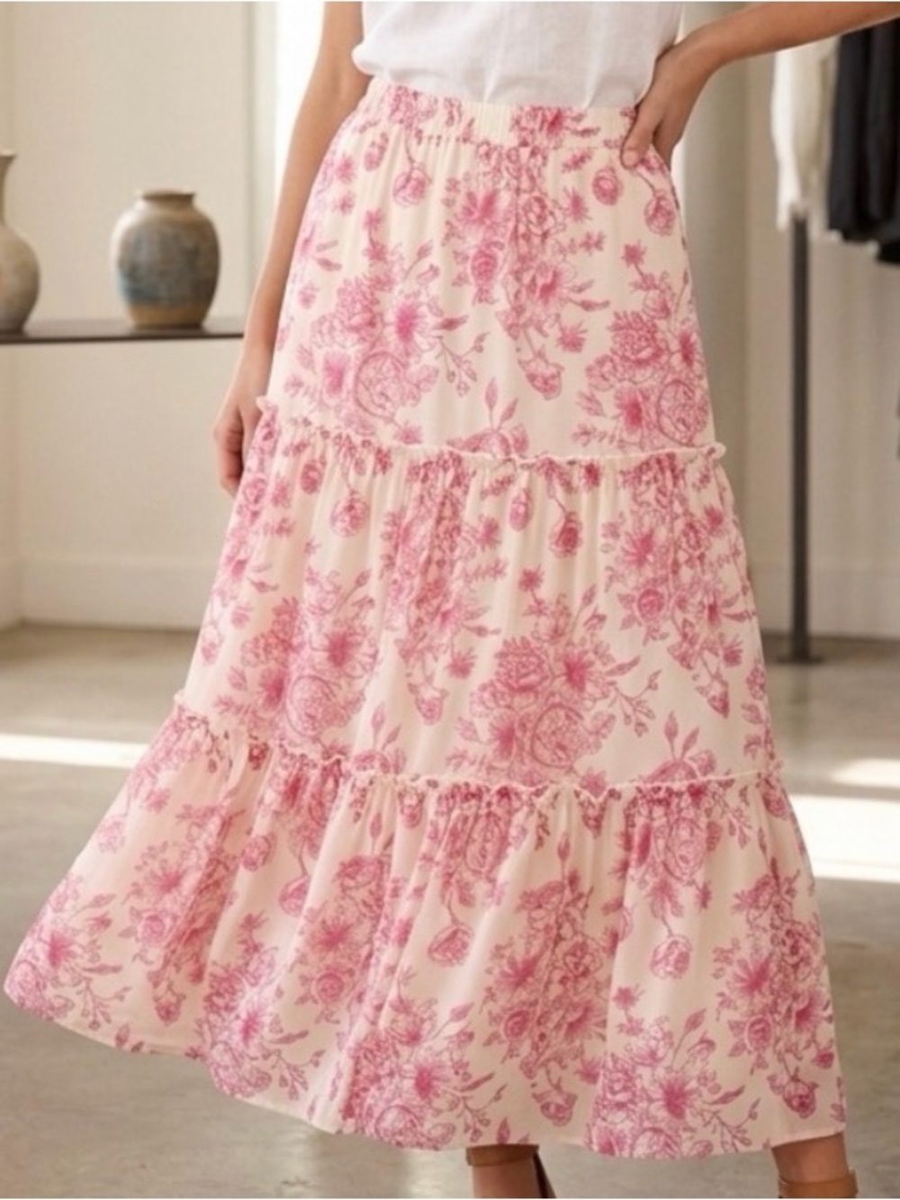 SHEIN Pink Floral Tiered Lined Maxi Skirt with Elastic Waist Sz XS